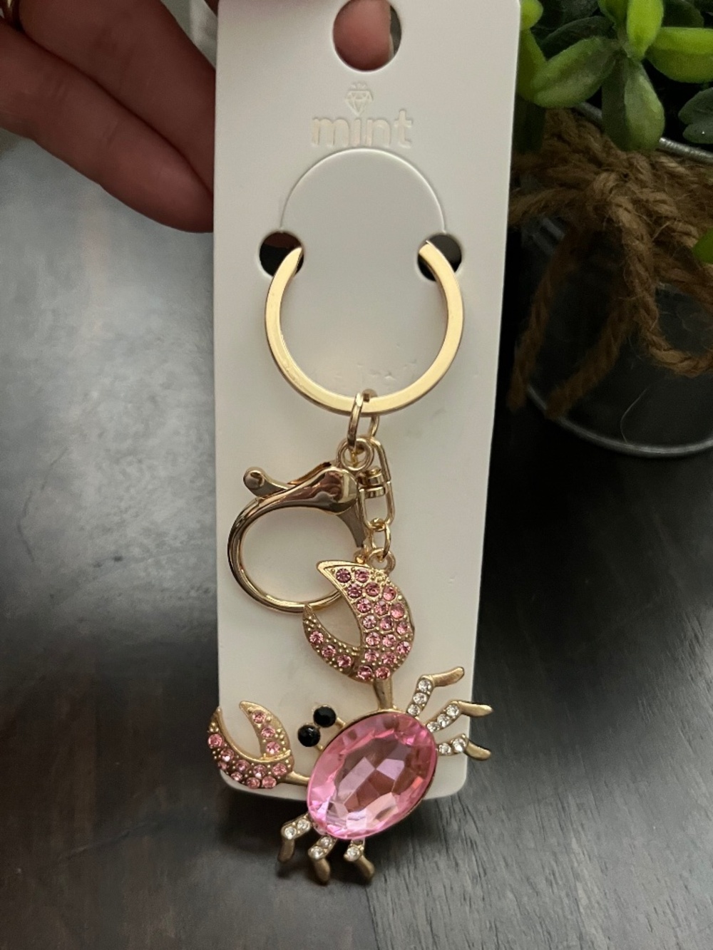 Mint Pink Rhinestone Crab Keychain Bag Charm NEW - Picture 3 of 5